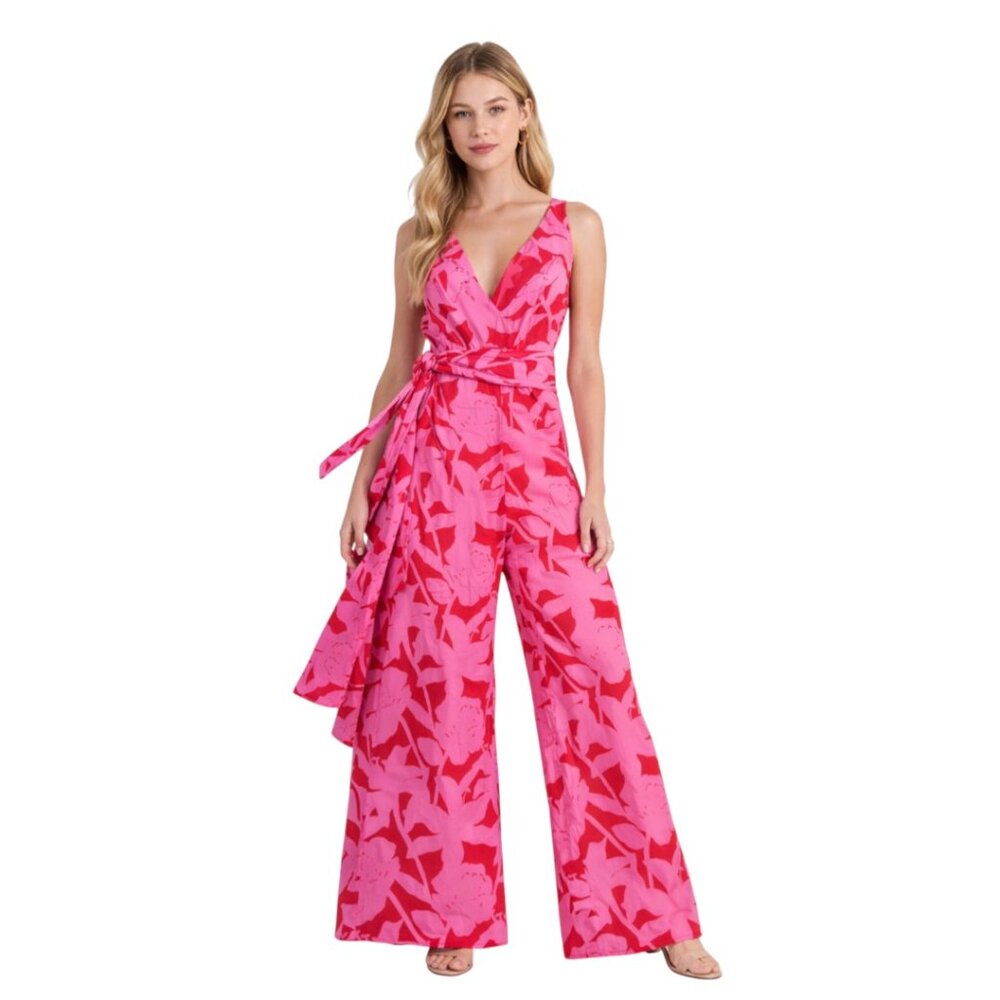 Vineyard Vines Tropical Belted Jumpsuit Sleeveless Pink Red Resort Size 0